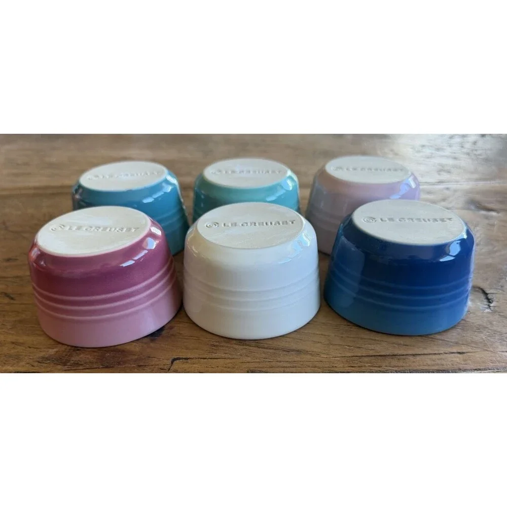Le Creuset Stoneware Multicolor Set of 6 3.5oz Mini Ramekins Rose Q Mint NEW